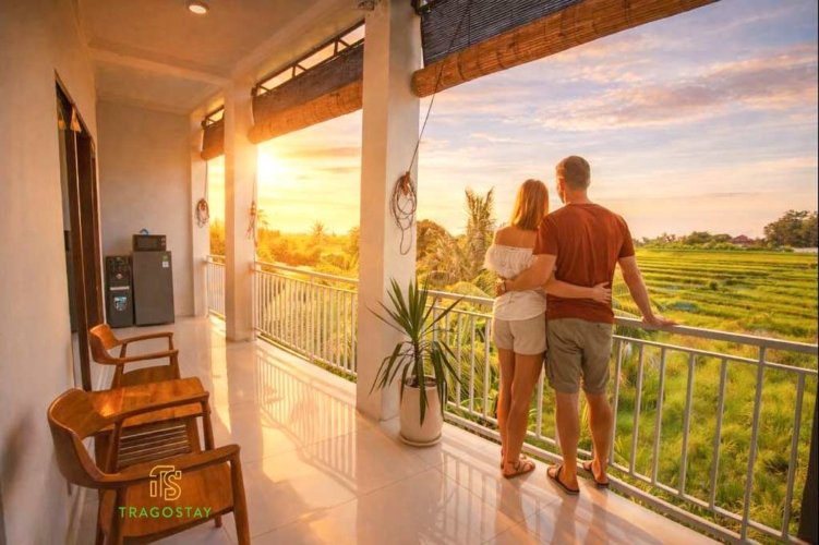 Sunset view from terrace at private 2 rooms rental near Tanah Lot
