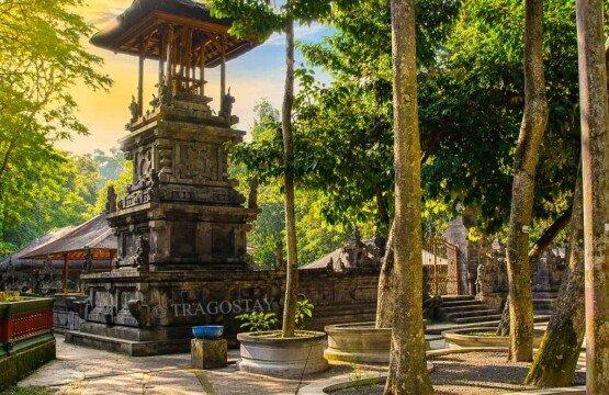 Traditional Balinese Bale Kulkul wooden drum tower at Alas Kedaton Monkey Forest.