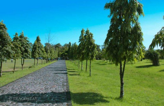 Exotic Bajra Sandhi Monument tropical garden and palm trees at Bali tourist attractions.