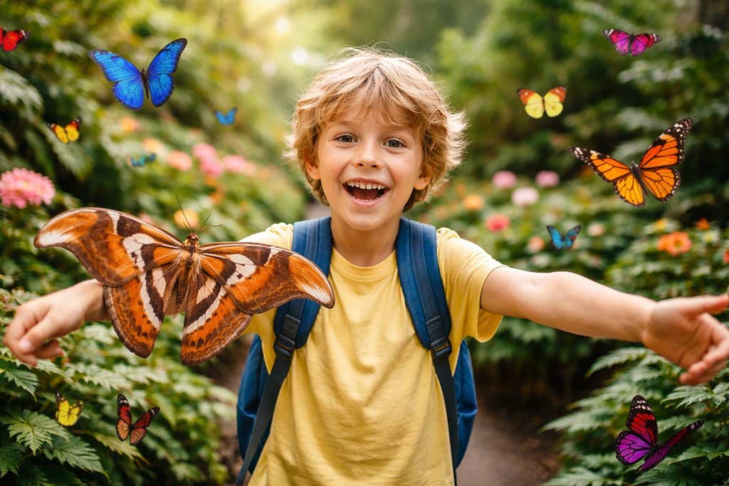 A happy child interacting with colorful insects at Bali Butterfly Park in Tabanan.