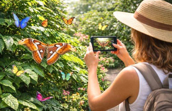 A tourist documenting rare butterfly species at Bali Butterfly Park for travel memories.