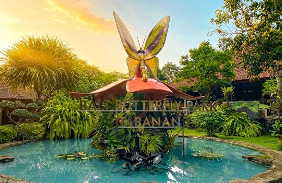 Iconic giant butterfly statue on a pond at the entrance of Bali Butterfly Park.