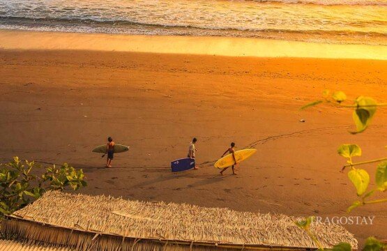 Professional and intermediate surfers catching long left-hand waves at Balian Beach.