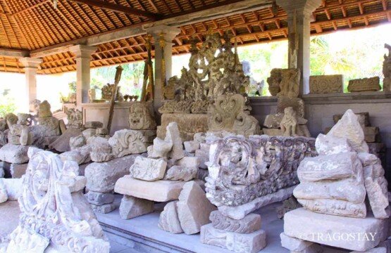 Ancient stone artifacts and historical relics found at Batuan Temple Bali.