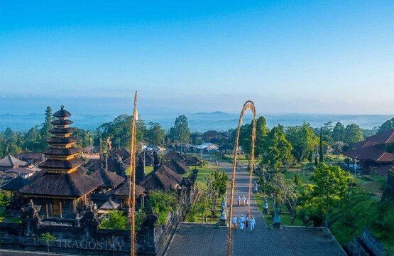 A stunning panoramic view of the Balinese highlands from the heights of Besakih Temple.