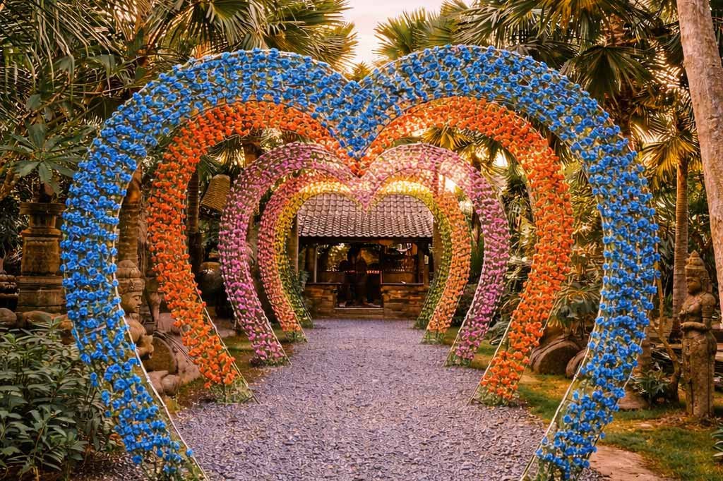 Romantic heart-shaped gate at Big Garden Corner Sanur Bali for couple photography.