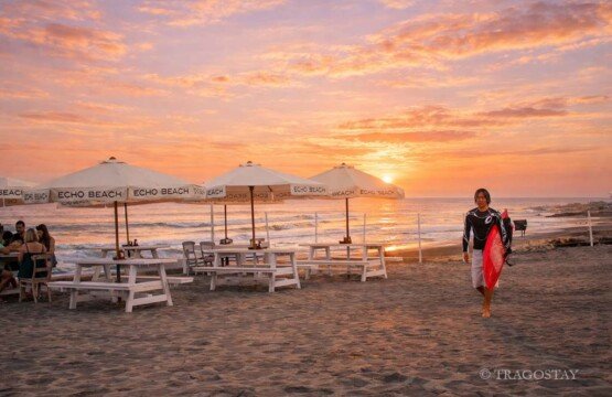 Coastal view of Canggu Beach extended to Echo Beach with rocky outcrops and black sand.