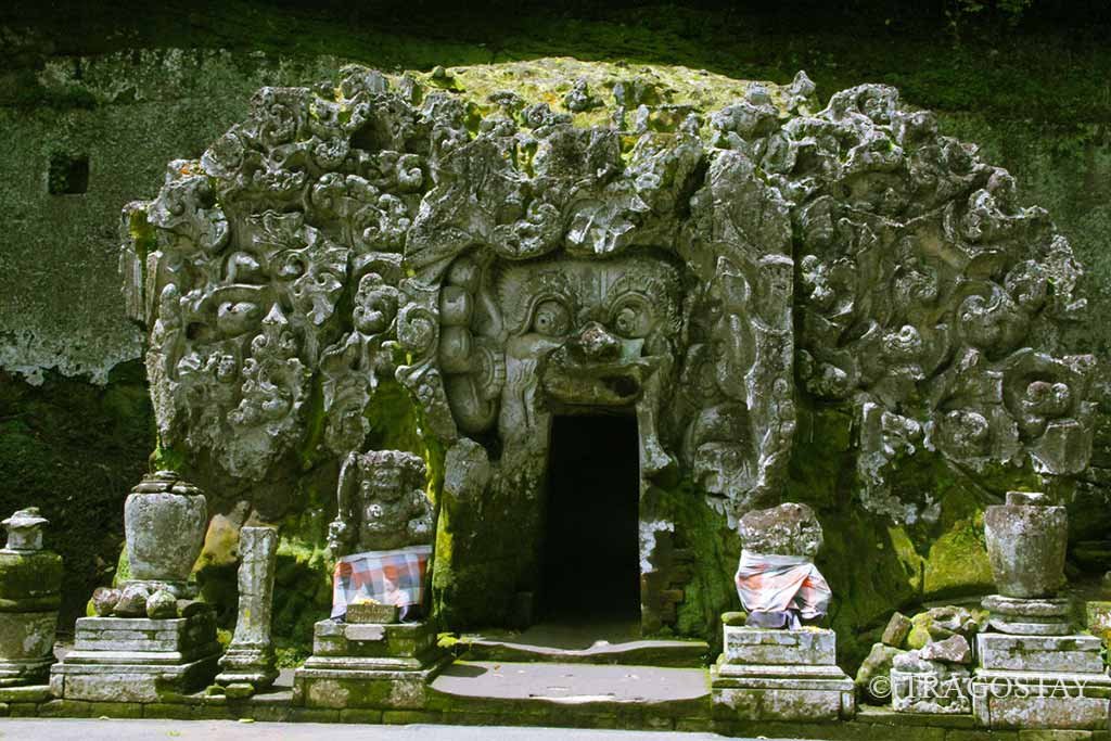 Intricate stone carving details of Goa Gajah Temple Bali Elephant Cave.