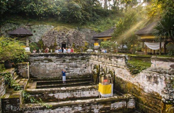 Ancient water fountain at Goa Gajah Temple Bali Elephant Cave bathing pools.