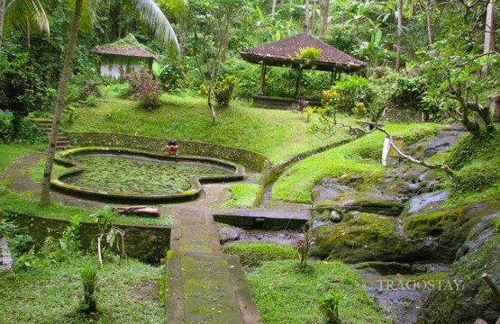 Wide courtyard of Goa Gajah Temple Bali Elephant Cave with archaeological ruins.