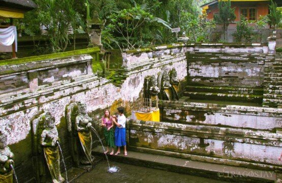 Goa Gajah water fountain providing holy water for traditional Hindu rituals.