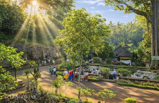 Panoramic overview of Goa Gajah Temple Bali Elephant Cave from the stairs.