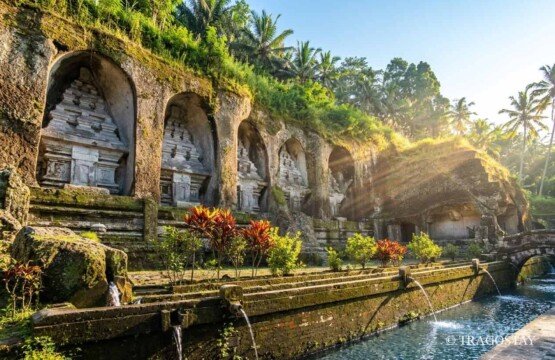 Fresh morning with a traditional water fountain and holy springs at Gunung Kawi Temple.