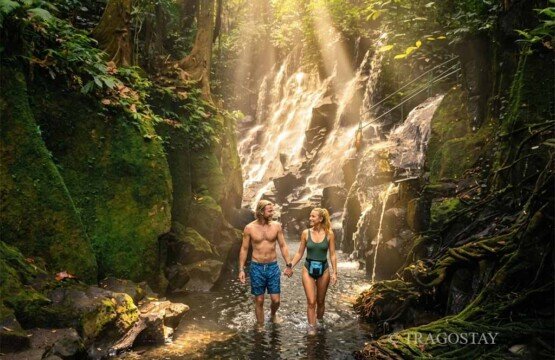 The iconic riverbank and shallow pools at Kanto Lampo Waterfall in Gianyar Bali.