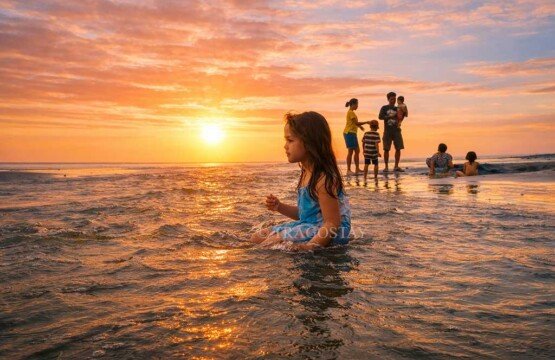 A family playing in the calm river mouth where it meets Kelating Beach, West Bali.