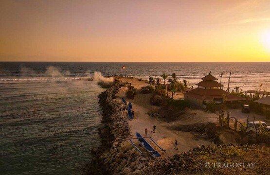 Romantic vibes at Melasti Beach in late afternoon with soft golden sunlight.