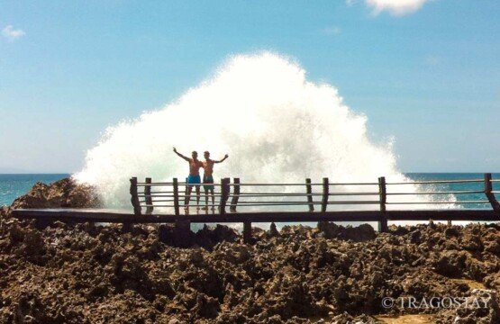 Massive ocean spray at Nusa Dua Beach Water Blow, one of the famous Bali tourist attractions.