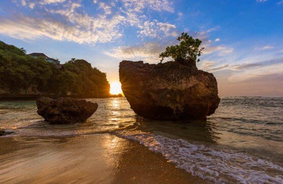 Romantic sunset at Padang-padang Beach also known as Labuan Sait Beach Bali.