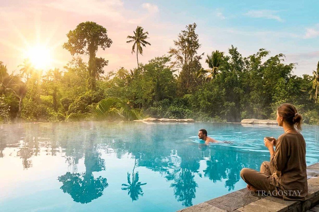 Enjoying a beautiful sunrise while soaking at Penatahan Hot Springs Tabanan.