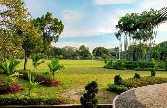 Lush green courtyard at Puputan Badung Square, one of the top Bali places to visit for relaxation.