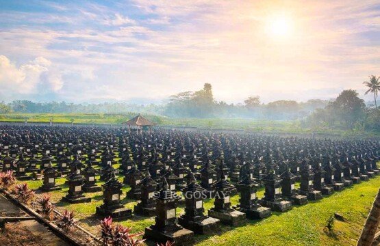 Hundreds of hero graves lined up during a peaceful morning at Puputan Margarana Monument.