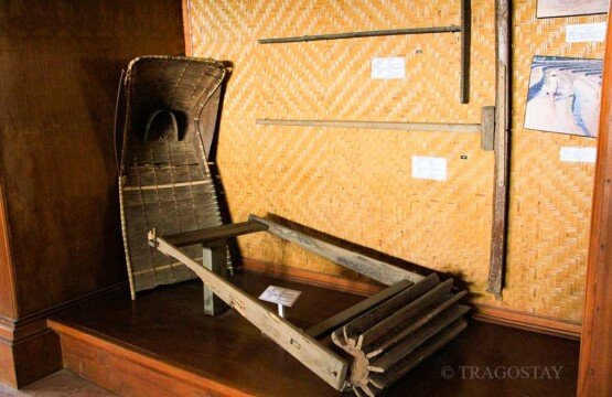 A traditional wooden plow (Lampit) at Subak Museum used in rice fields.