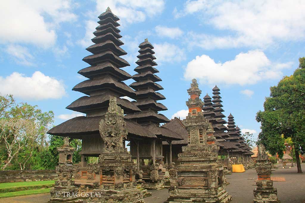 The main temple area of Taman Ayun Temple showcasing tiered Meru towers and Bali tourist attractions.