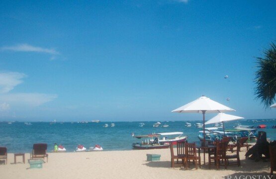 Colorful beach umbrellas at the Tanjung Benoa Beach water sport hub for sun protection.