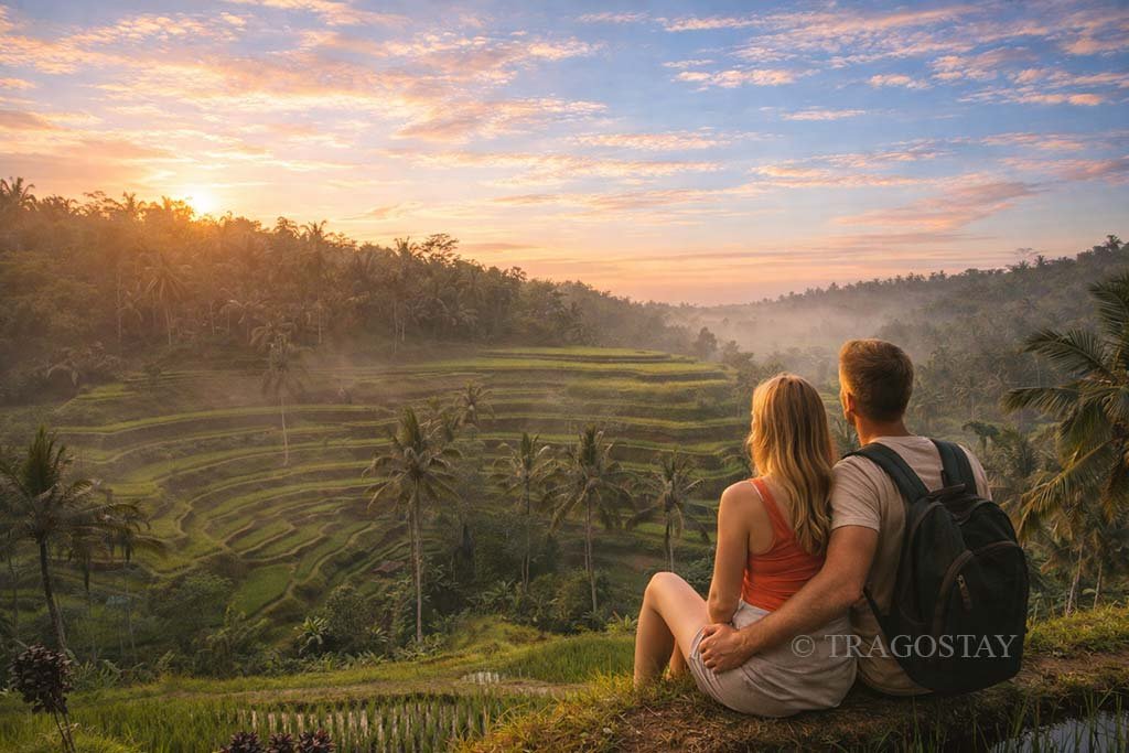 Tegalalang Rice Terrace Ubud offers the best sunrise view with light rays through palm trees.