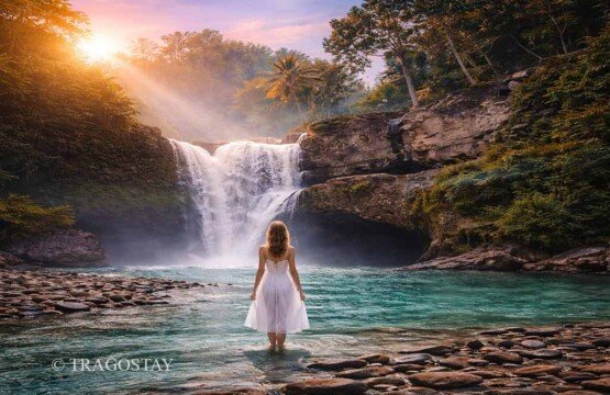 Experience a quiet sunrise at Tegenungan Waterfall with soft morning light.