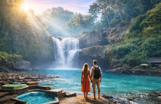 Tegenungan Waterfall blessed by exotic nature and rugged rock formations.