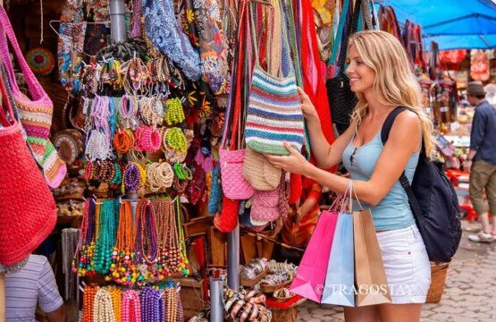 Tourists enjoying happy shopping at Ubud Art Market for unique Bali tourist destinations souvenirs.