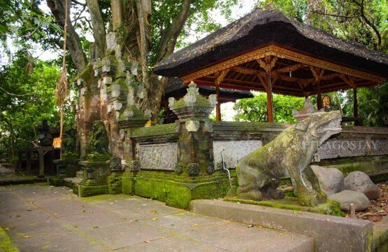 Ancient Hindu temple ruins inside the Monkey Forest Sanctuary Ubud with stone carvings.