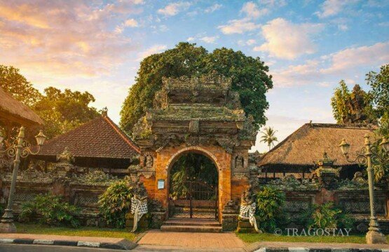 Grand entrance gate of Ubud Royal Palace Puri Saren in central Ubud.