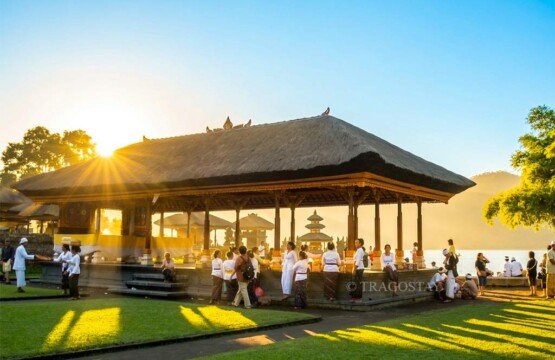 A traditional long Bale building at Ulun Danu Beratan Temple Bedugul for ceremonies.