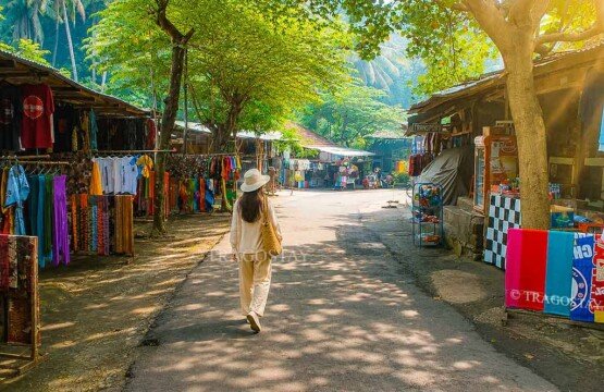 A rows of colorful traditional artshops and souvenir stalls lining the pedestrian pathway leading to Banjar Hot Springs.