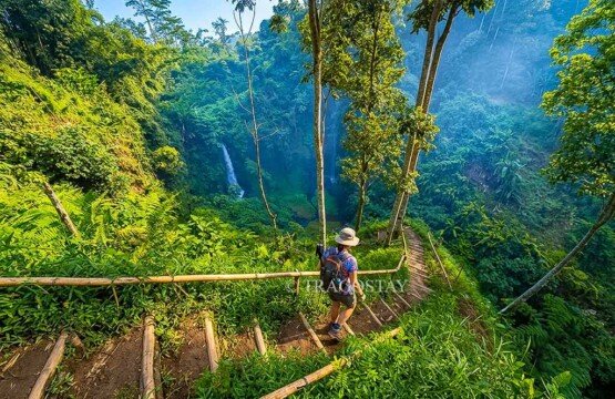 A female adventurer carefully walking down the rustic steps along the cliffside path toward the main Bunutin Waterfall.