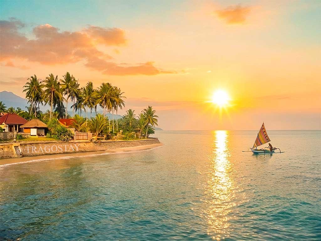 A spectacular and dramatic sunrise view over the Indian Ocean from Candidasa Beach.