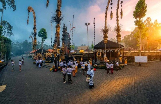The bustling and spiritual atmosphere of the traditional Pujawali temple anniversary festival at Dalem Balingkang Temple, filled with decorations and pilgrims.