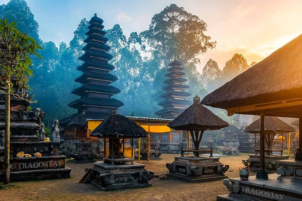 A wide view of the grand and unique temple structures located inside the holy main sanctuary of Dalem Balingkang Temple.