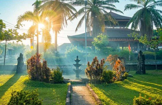 A lush, peaceful green garden landscape with stone walkways and tropical plants inside the Gedong Kirtya Museum compound.
