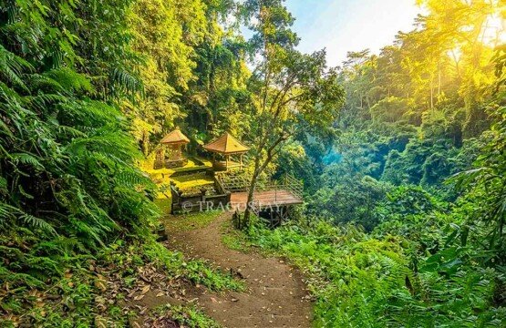 A wide overview of a traditional Balinese temple building located within the scenic Kuning Waterfall canyon.
