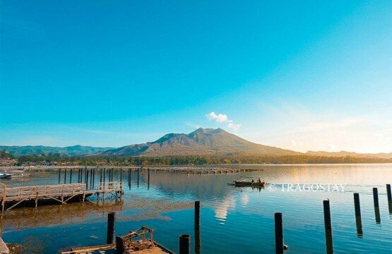 The beautiful landscape of Lake Batur and Mount Batur as seen from an old wooden pier during a bright morning.