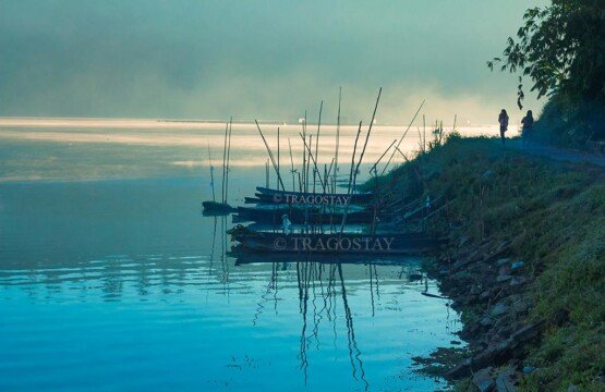 The exceptionally calm, still, and misty morning landscape of Lake Buyan showing its peaceful and cool highland nature.