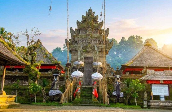 The grand Candi Kurung stone gateway of Pura Penataran temple featuring intricate traditional Balinese carvings.