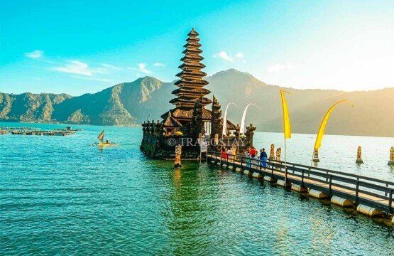 The grand architecture of Pura Segara Ulun Danu Batur appearing to float gracefully on top of Lake Batur.
