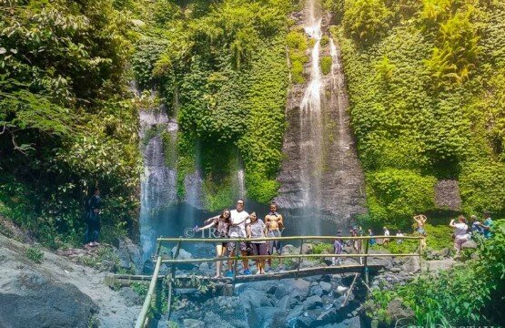 A happy tourist family standing and posing together on a traditional bamboo footbridge with the magnificent Sekumpul Waterfall flowing in the background.