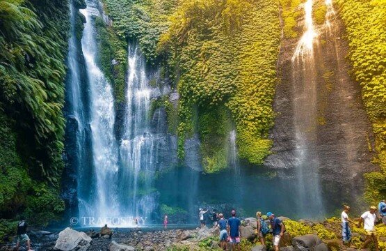 A group of international travelers standing near the riverbed, admiring the sheer scale and beauty of the powerful Sekumpul Waterfall cascades.