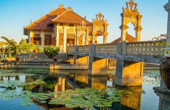 The iconic architectural bridge connecting the pavilions at Taman Ujung Water Palace Sukasada