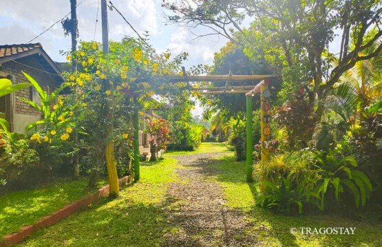 Tanah Wuk entrance with a beautiful garden and colorful tropical flowers.